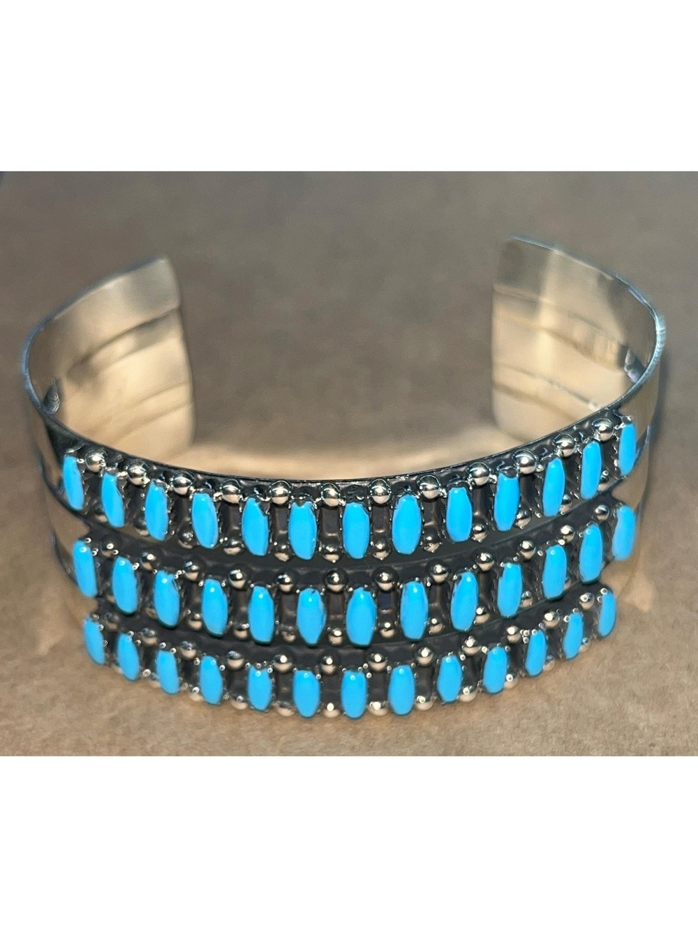 Zuni sterling silver peitit point traditional triple row cluster bracelet / cuff